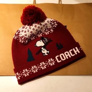 Coach x Peanuts Snoopy Wool Knit Beanie Hat Red Unisex NWT